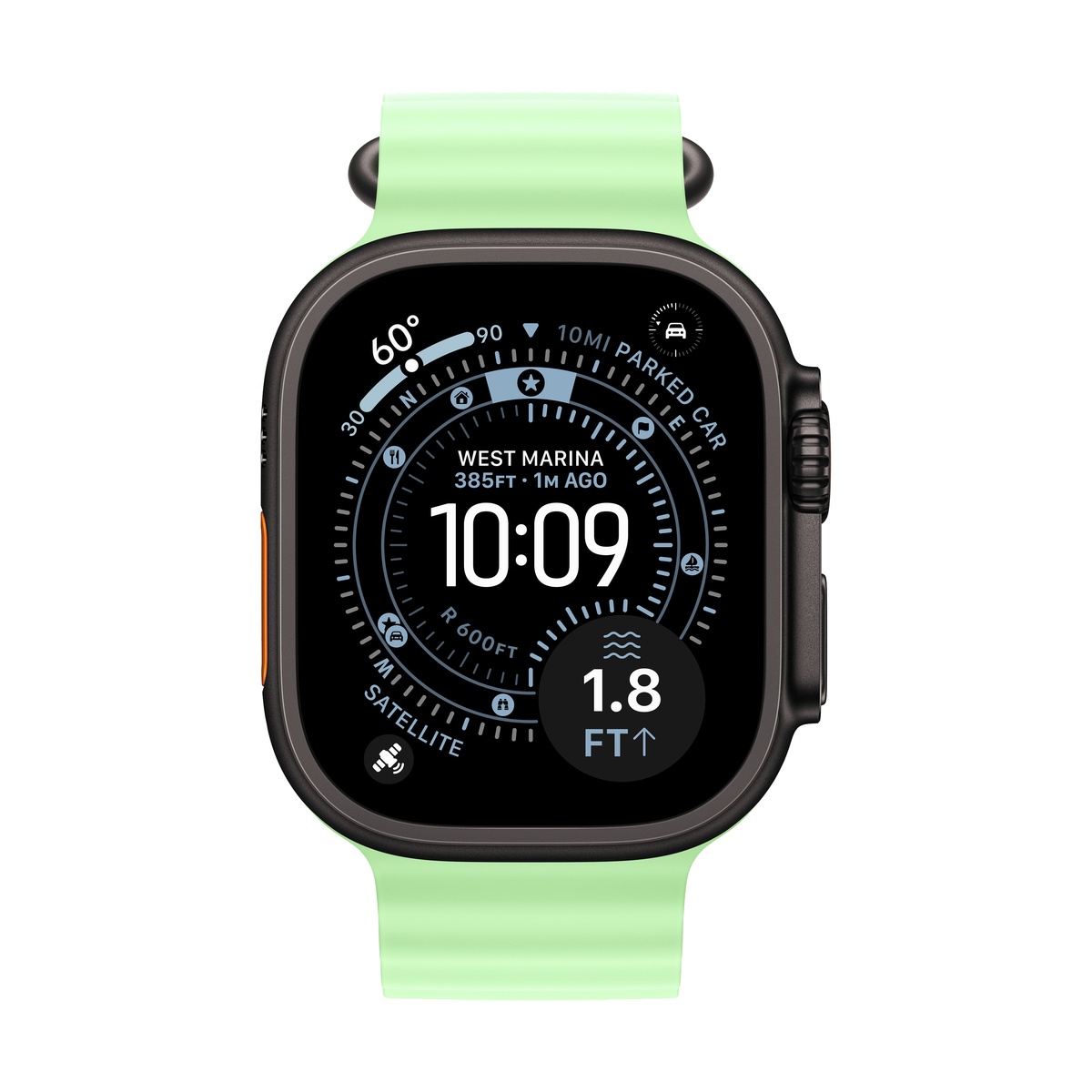 Часы Apple Watch Ultra 3 2025 Cellular, 49 мм, корпус чёрного цвета, ремешок Ocean цвета «зелёный неон»