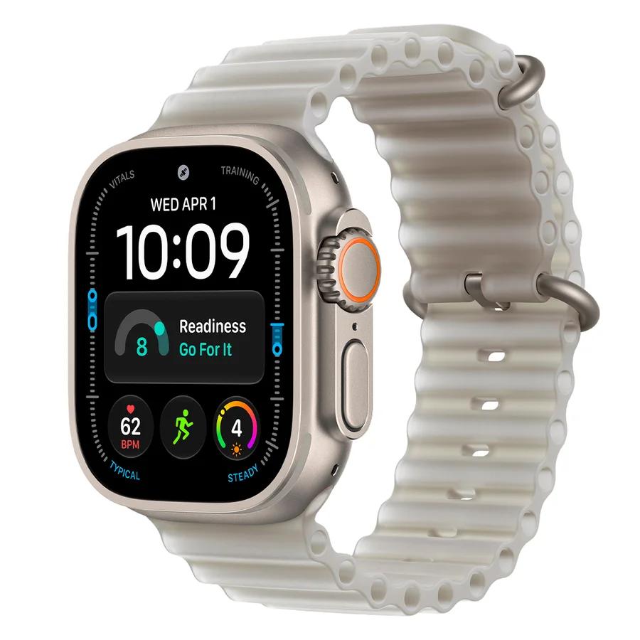 Часы Apple Watch Ultra 4 Cellular, 49 мм, корпус из титана натурального цвета, ремешок Ocean полупрозрачного серого цвета (MJAD4)
